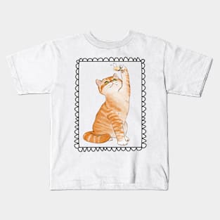 Kitty Reaching for a Bee with Border Kids T-Shirt